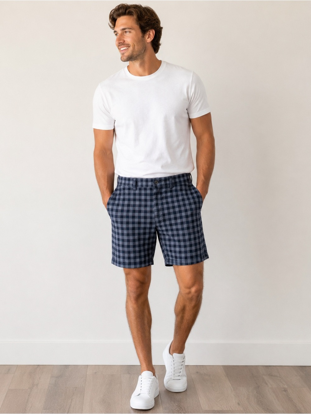 L.L. Bean Navy and Black Check Flat-Front Shorts